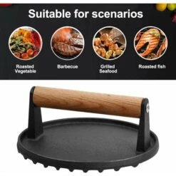 Presse à Hamburger En Fonte Avec Poignée En Bois, Presse à Steak En Fonte Robuste, Presse à Viande Antiadhésive Pour Burgers, Galettes, Barbecue, Pour Gril Plat, Plaque En Fonte Ou Poêle -Petit Électroménager 100571265 2