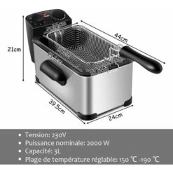 COSTWAY Friteuse Electrique En Acier Inoxydable 2000W Avec Contenance 3 L，Couvercle à Hublot, Panier à Friture 1,6KG Avec Crochet Température Et Minuterie Réglable -Petit Électroménager 28210458 5