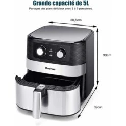 COSTWAY Friteuse à Air Chaud Sans Huile 1700W 5L Avec Minuterie Température Réglable Panier Antiadhésif Dispositif Arrêt Automatique -Petit Électroménager 29981182 5