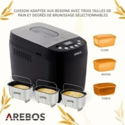 AREBOS Machine à Pain 1500g Pain De Pâte 15 Programmes 3 Vitesses Minuteur 850 W -Petit Électroménager 36570370 3