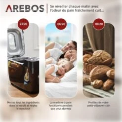 AREBOS Machine à Pain 1500g Pain De Pâte 15 Programmes 3 Vitesses Minuteur 850 W -Petit Électroménager 36570370 4