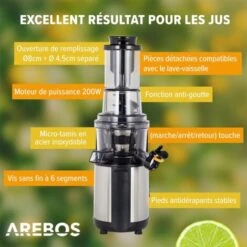 AREBOS Extracteur De Jus Presse-agrumes Centrifugeuse Lent Pour Fruit De 200W Acier Inoxydable -Petit Électroménager 36944859 3