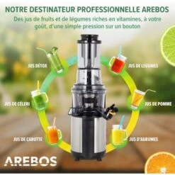 AREBOS Extracteur De Jus Presse-agrumes Centrifugeuse Lent Pour Fruit De 200W Acier Inoxydable -Petit Électroménager 36944859 4