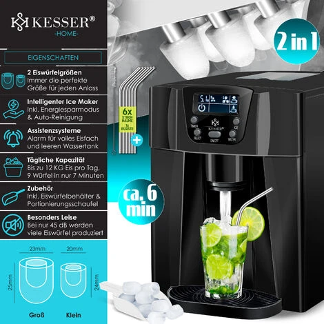 KESSER® Machine à Glaçons Machine à Glaçons Acier Inoxydable Machine à Glace 100 W 12 kg 24 h 2 Tailles De Glaçons Préparation En 6 min Réservoir D'eau De 2 litres Minuterie Écran LCD, Le Noir 4 KESSER® Machine à Glaçons Machine à Glaçons Acier Inoxydable Machine à Glace 100 W 12 kg 24 h 2 Tailles De Glaçons Préparation En 6 min Réservoir D'eau De 2 litres Minuterie Écran LCD, Le Noir – Image 2