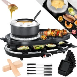 KESSER® Appareil à Raclette 3 en 1 Avec Pierre De Cuisson Naturelle, Plaque De Gril Et Fondue, Barbecue De Table Pour 8 convives, Barbecue électrique Raclette Barbecue Plaque Antiadhésive, 8 poêlons E