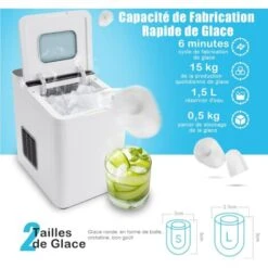 COSTWAY Machine à Glaçons 15 Kg En 24h, Glaçons Automatiques Rapide Prêt En 6 Min Blanc -Petit Électroménager 54122652 3