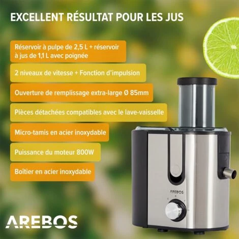 AREBOS Centrifugeuse Fruits Et Légumes En Acier Inoxydable Grande Ouverture De Remplissage De 85 Mm 800 W Sans BPA 5 AREBOS Centrifugeuse Fruits Et Légumes En Acier Inoxydable Grande Ouverture De Remplissage De 85 Mm 800 W Sans BPA – Image 3