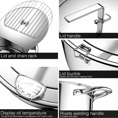 LTS FAFA Friteuse Avec Thermomètre Pot à Frire En Acier Inoxydable 304 Marmite Non Revêtue Avec Couvercle Déviation De Bec De Crémaillère D'huile Parfait La Famille Friture De Tempura,frites Et Pépite 5 LTS FAFA Friteuse Avec Thermomètre Pot à Frire En Acier Inoxydable 304 Marmite Non Revêtue Avec Couvercle Déviation De Bec De Crémaillère D'huile Parfait La Famille Friture De Tempura,frites Et Pépite – Image 3