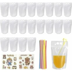 SVKBJROY Lot De 20 Sacs à Boissons Réutilisables Transparents Givrés Portables De 500 Ml Pour Pique-nique, Fête, Camping, Plage, Jus De Bière, Lait, Avec 20 Pailles