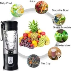 Portable Mixeur Des Fruits, Mini Blender USB Pour Smoothie,Milk-shake,Jus De Fruits,Blender Portable 350-420ml 6 Lames Pour Sport Et Voyage,Sans BPA,Noël Cadeaux Femme Homme (Noir) -Petit Électroménager 97502338 3