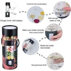 Portable Mixeur Des Fruits, Mini Blender USB Pour Smoothie,Milk-shake,Jus De Fruits,Blender Portable 350-420ml 6 Lames Pour Sport Et Voyage,Sans BPA,Noël Cadeaux Femme Homme (Noir) -Petit Électroménager 97502338 4