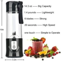 Portable Mixeur Des Fruits, Mini Blender USB Pour Smoothie,Milk-shake,Jus De Fruits,Blender Portable 350-420ml 6 Lames Pour Sport Et Voyage,Sans BPA,Noël Cadeaux Femme Homme (Noir) -Petit Électroménager 97502338 5