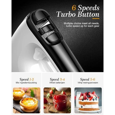 Batteur à Main, 6 Niveaux De Vitesse 400 W Avec 2 Fouets Et 2 Crochets Pétrisseurs, Fonction Turbo, Conception Du Bouton D'éjection, Mélangeur Portable Pour La Cuisson, Pour Les Sauces, La Crème, Les 6 Batteur à Main, 6 Niveaux De Vitesse 400 W Avec 2 Fouets Et 2 Crochets Pétrisseurs, Fonction Turbo, Conception Du Bouton D'éjection, Mélangeur Portable Pour La Cuisson, Pour Les Sauces, La Crème, Les – Image 4